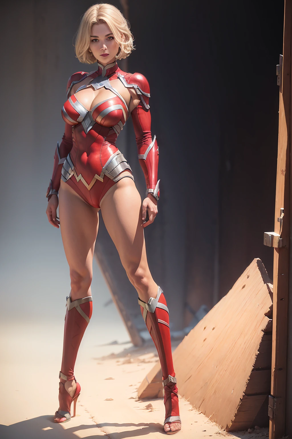((Full body photo, standing, feet on the ground)) full body woman, blonde short hair, blue eyes, red mouth tall muscular body. Red outfit. Warrior/superhero. standing straight, octane render photorealistic. Cutesy face. Wholesome expression. White background