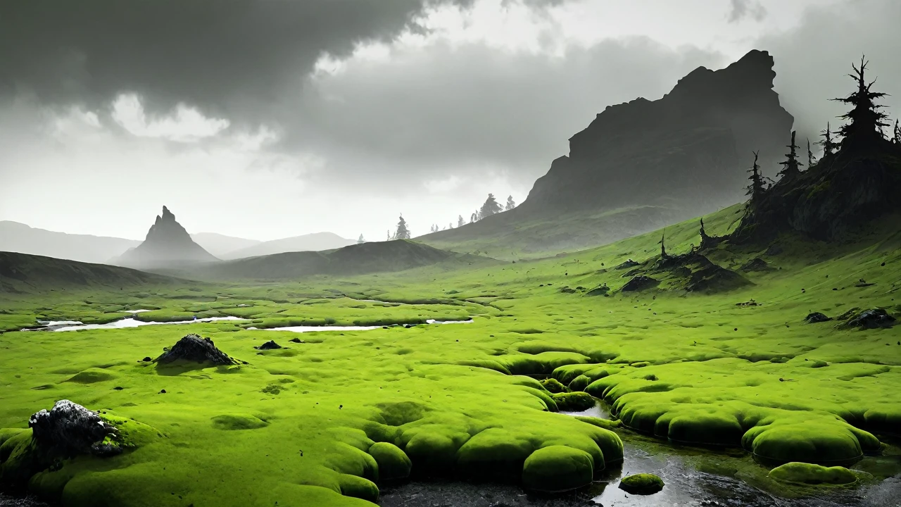 Toxic mire, green moss, grayscale landscapes, Dark green meadows