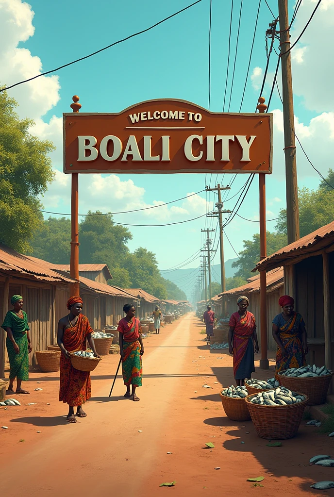 Create an African village well supplied with electricity. Write on a sign at the entrance to the village: "Welcome to Boali City." At the side of the road, several women are selling fish.