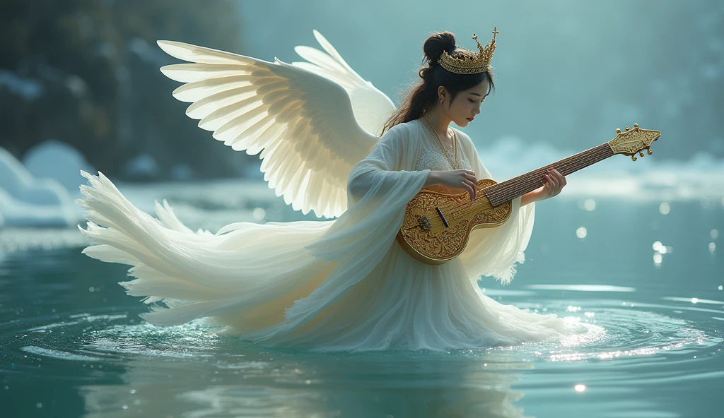 A goddess named Kinnara, half woman and half bird, floating under the waters of an almost frozen river, as if he had just come out of the water. Playing his golden heavenly stringed instrument. Emphasizing its bird characteristics, with discreet wings and a crown of swan wings. She has her legs showing through her dress. The scene is almost frozen, and she is in the foreground. In a very dramatic oriental aesthetic.