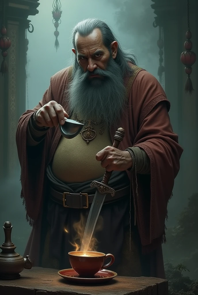 Semar brews coffee and holds a dagger
