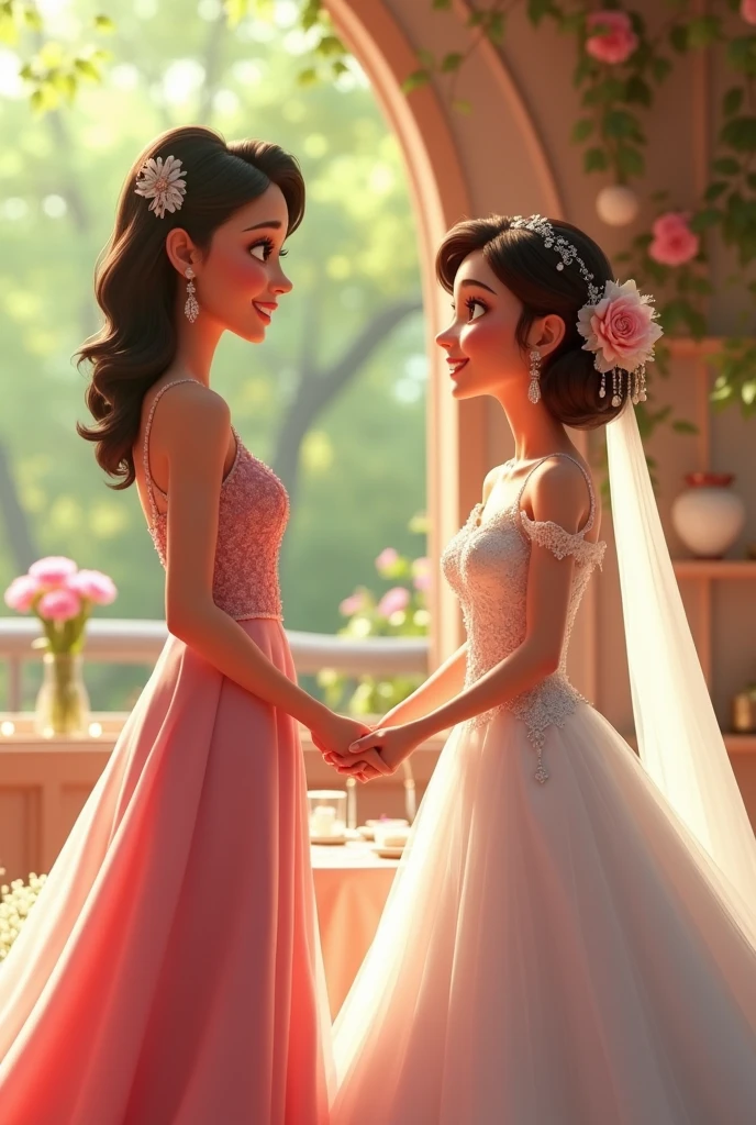 The mother of the bride with pink dress talking to the bride,3d, pixar disney style, cinematic masterpiece, aesthetic