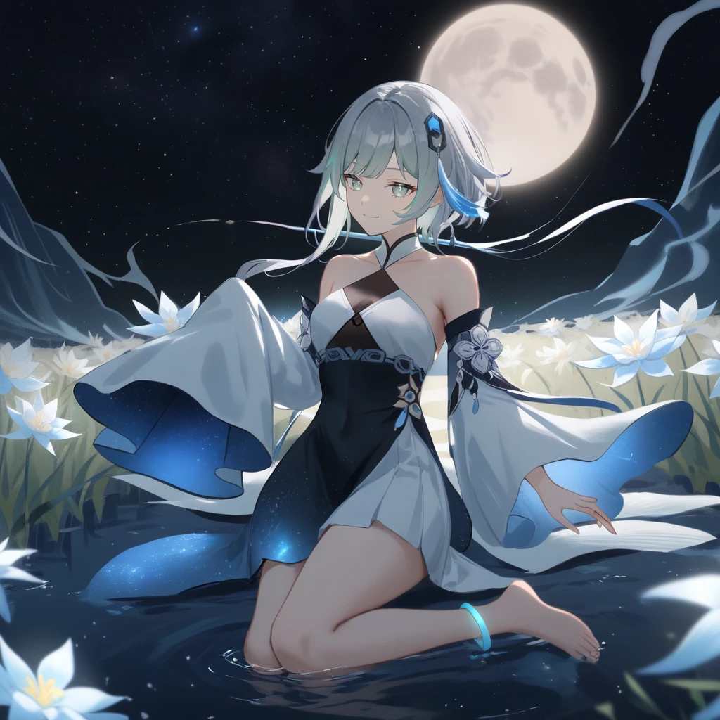 1girl, guizhong_\(genshin_impact\),light grey hair,short_hair_with_long_locks,starry_sky_print,detached_sleeves, long sleeves_past_fingers,hanfu,illustrated by matsuryuu and agahari and dsmile,pale blue eyes,stunning field of softly glowing blue and white glaze lilies,night scene,gentle smile,moonlight,glossy lips,vivid anime coloring,cel shading,smooth, soft dreamy focus,anklet,halter_top,white clothes,highly detailed,digital painting,field of flowers,bare_shoulders,wlop,barefoot,cool night tones, magical night scene,masterpiece, best quality, film, professional, 4k, highly detailed,Guardian nebula of rainbow light and silvery vapor,starry,cosmic,goddess,rich color,hdr,silver moon,

A woman shrouded in mystery, Stand gracefully on the endless shore, Surrounded by shimmering stardust, The bell Creates a faint glow in the haze. Her face, Full of expression and depth
