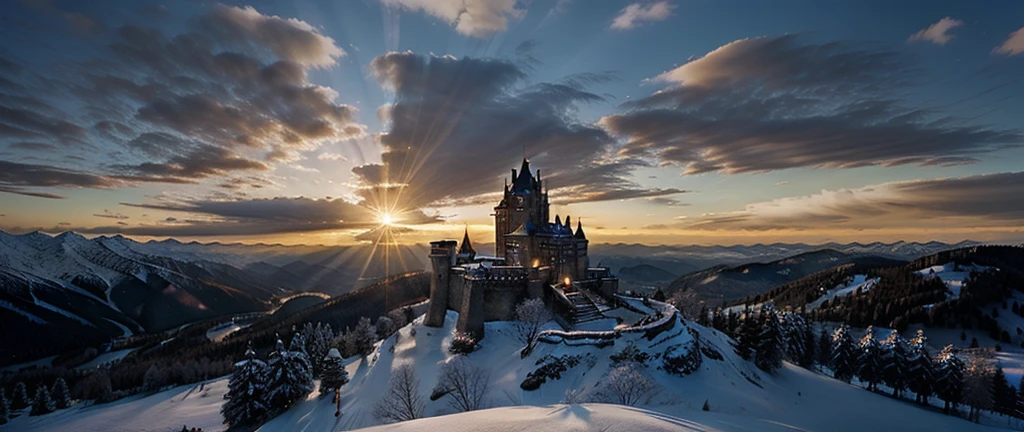 A castle in the mountains with the evening sun in the background, Dark Souls Style