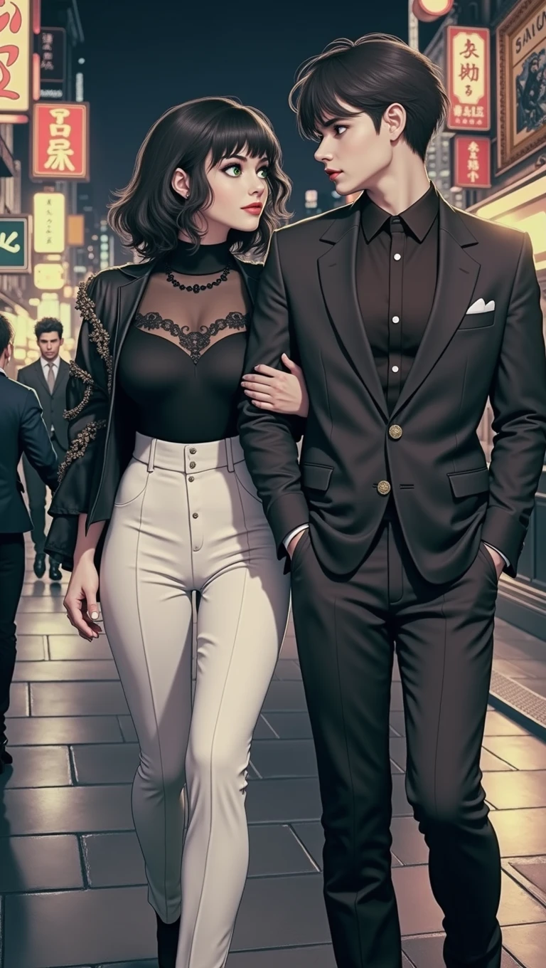 generate an action scene where a couple of lovers (a handsome black man and a Latin woman with dark chocolate skin and a curvy nice body) are on a boardwalk facing the sea, warm colors, be creative and achieve a book cover image (Create a hyper-realistic image of María del Carmen, also known as "La Gata," a central character in a narco-novel. She is a young and extremely attractive afroamerican woman with an aura of mystery and seduction. She has a slender and curvy figure, with clean-dark skin. Her long, wavy, dark hair cascades over her shoulders. She has large, green eyes with an intense gaze that can be both cold and passionate. Her lips are full and red, contrasting with her skin and giving her a sensual look. She is wearing a tight, bright red dress that accentuates her curves and femininity. There is a slight bullet wound on her left arm, adding a touch of drama to her appearance. The background is a luxurious, dark setting, perhaps a room with velvet curtains and dim lighting, highlighting her figure and face, giving her an almost cinematic appearance. Beside her, there are objects indicating her connection to the criminal world, such as a gun on a table and a diamond necklace around her neck. afro Jennifer Lopez)
