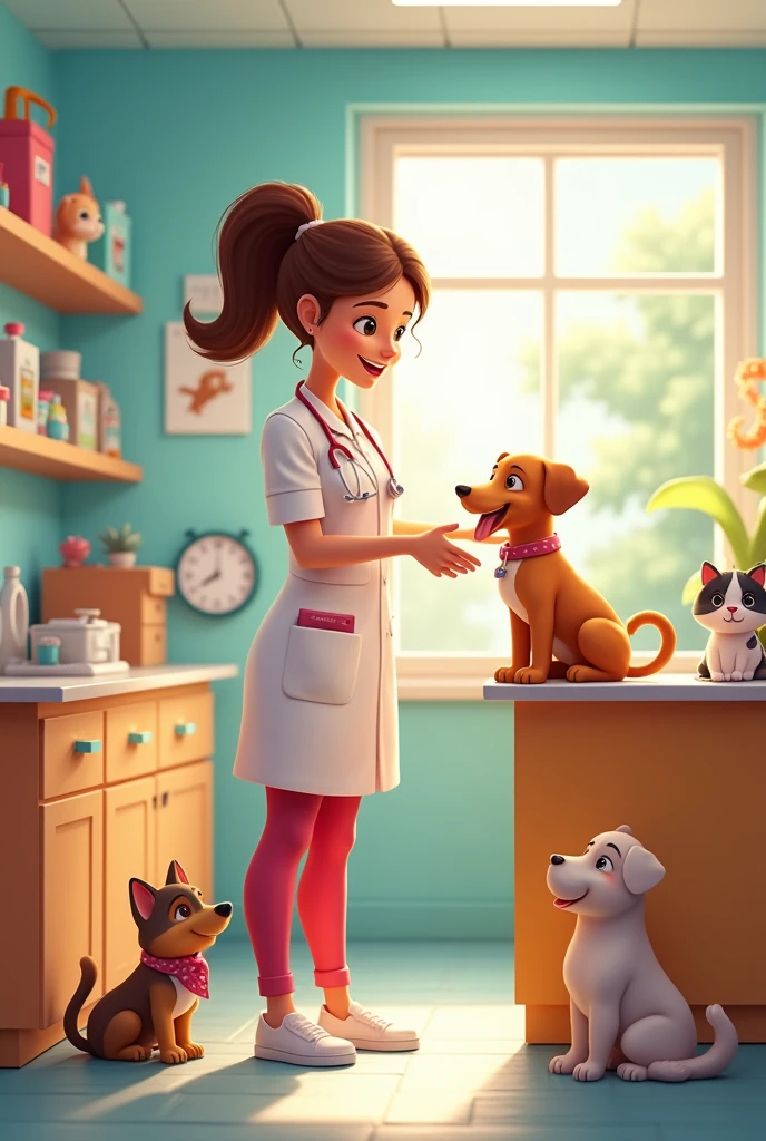 generate picture of vet tech and animals in a happy environment clinic
