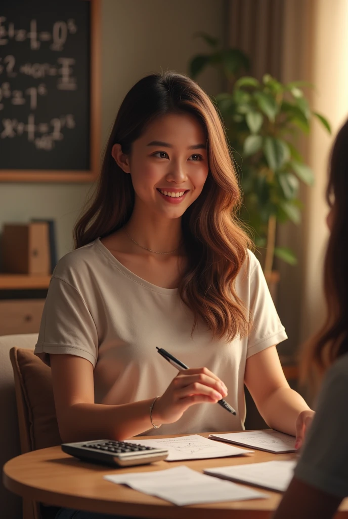 Brown hair、Her face is young and her eyes are sparkling、Her chest is large and can be seen through the stretched collar of her T-shirt.、He teaches me from the front、I have a calculator and a printout at hand.、The location is a round table in the room.
