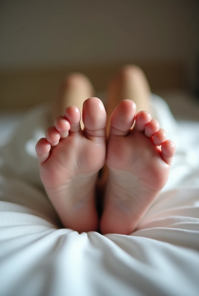 pieds sexy sur un lit, drap blanc, photo sur le dessus