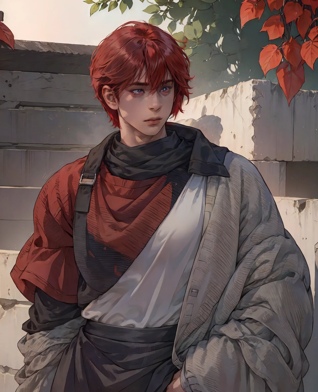 a young man with vibrant red hair and striking red eyes, wearing normal villager clothes, realistic, hyperdetailed, 8k, high resolution, photorealistic, cinematic lighting, dramatic shadows, glowing skin, intricate details, warm color palette