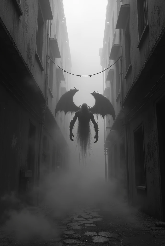 (photorealism:16.9), Image of an alley between shadows and fog, Demons ovulate in the fog, Black and white image