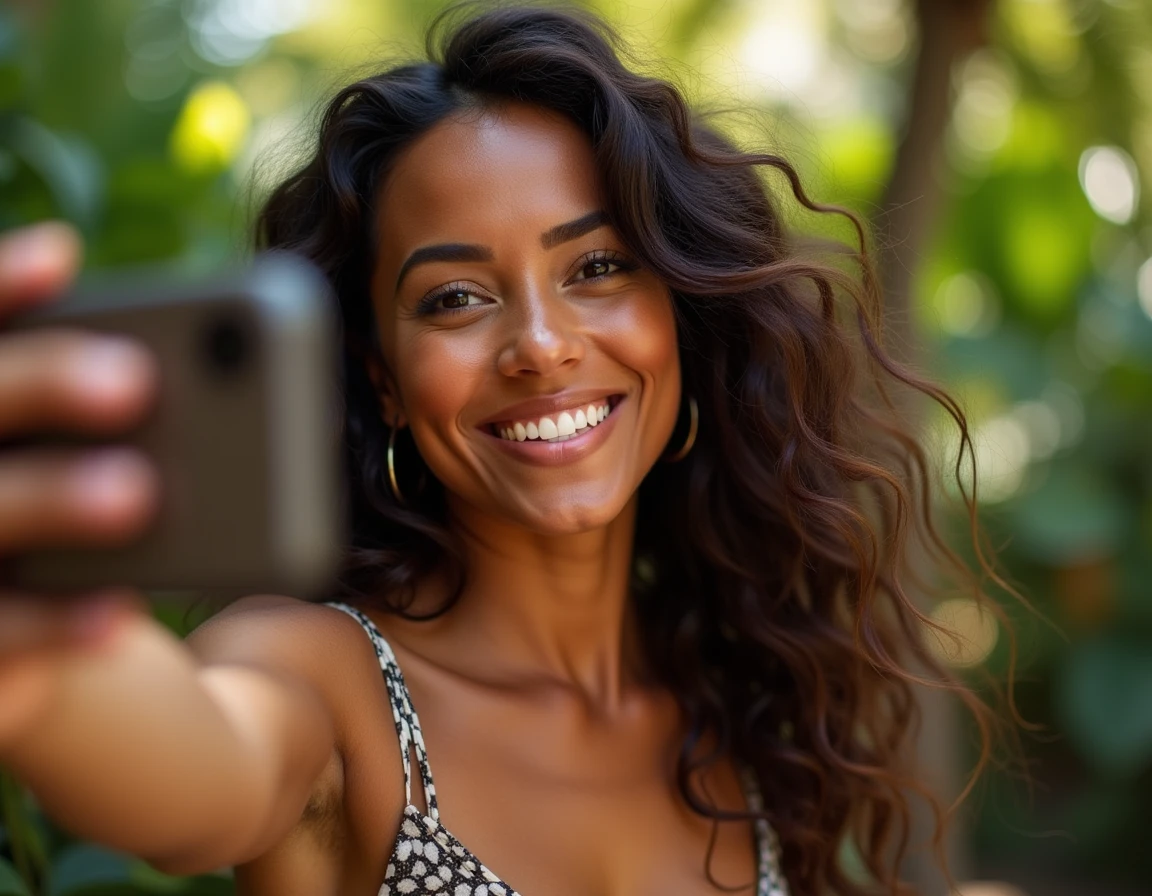 beautiful brazilian woman taking a selfie