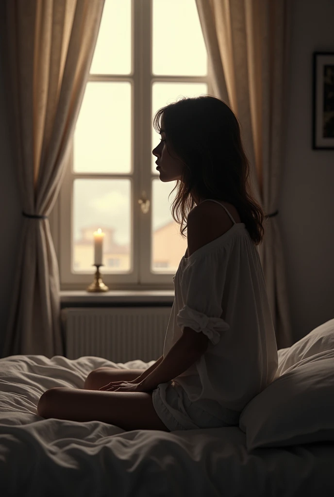 Make an image of a person sitting on the bed with a window in the background with the curtain open with a small light. Put the title and the subtitle. The title is Shadows of Absence and the subtitle is Cristina's Journey.