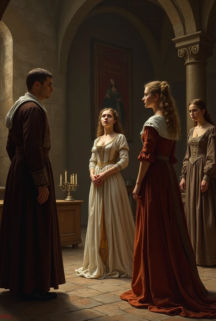 Now create an image of a woman telling you "as you please" a man and a woman in medieval style