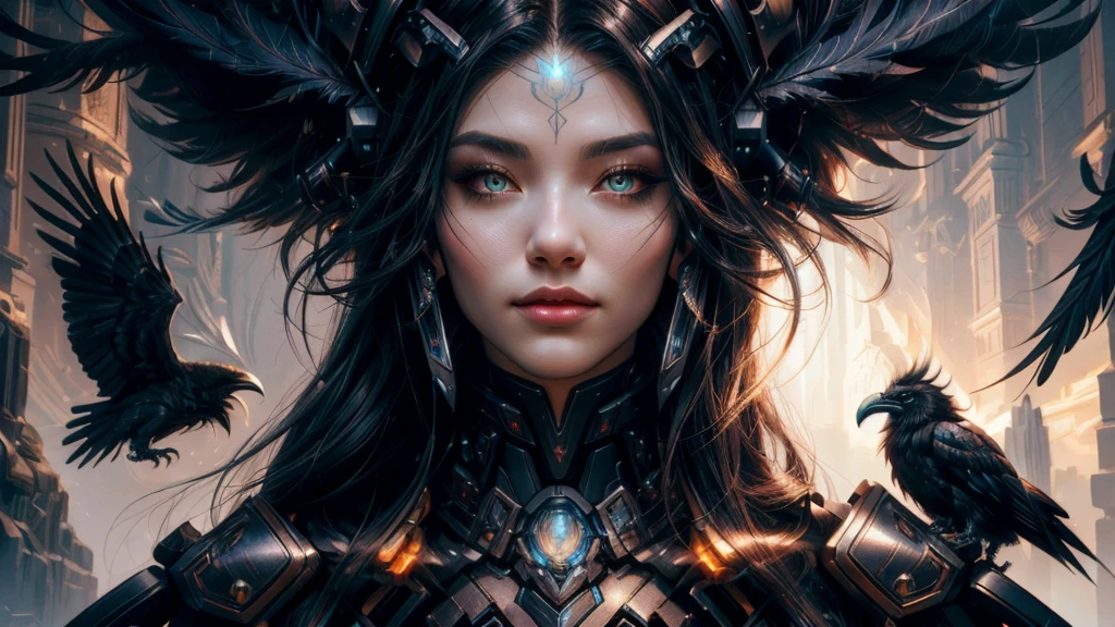 fantasy raven style hairs, steel mechanical raven head with hairs, sci-fi, a close up of a  woman - sci-FI  with a sci fiorer on her face, Mechanical raven IN HAIRS, glowing light feathers in hairs, fiol glowing eyes, hd , cinematic, cinematic light, dinamic, rossdraws portrait, fantasy concept art portrait, wojtek fus, rossdraws 2. 0, rossdraws 1. 0, rossdraws digital painting, epic fantasy digital art style, cgsociety portrait, rossdraws global illumination, :: rossdraws, alexandra fomina artstation
