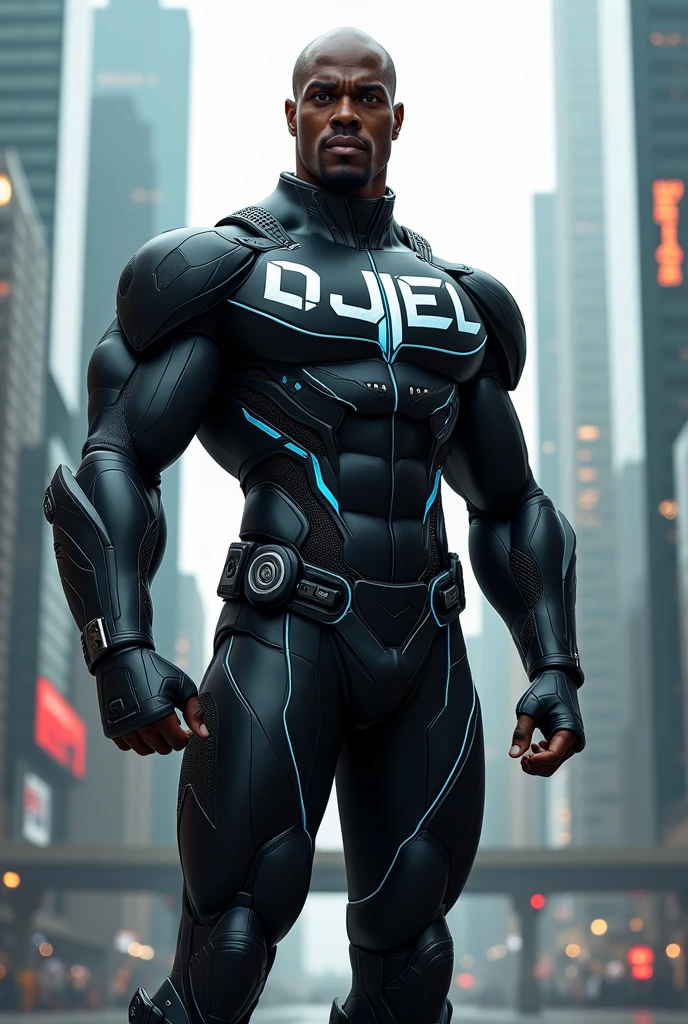 Un super héros noir qui porte une costume avec mention DJEL TECHNOLOGY