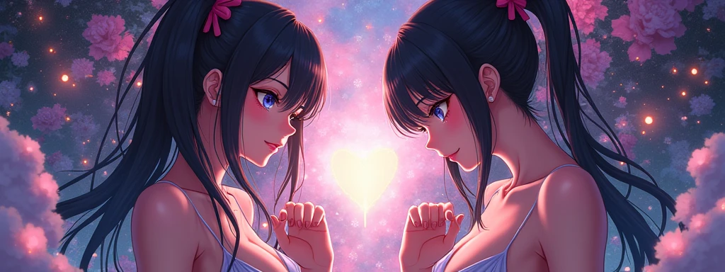 2 anime girls on either side of the image. Provocative. Stylized background. Anime style.