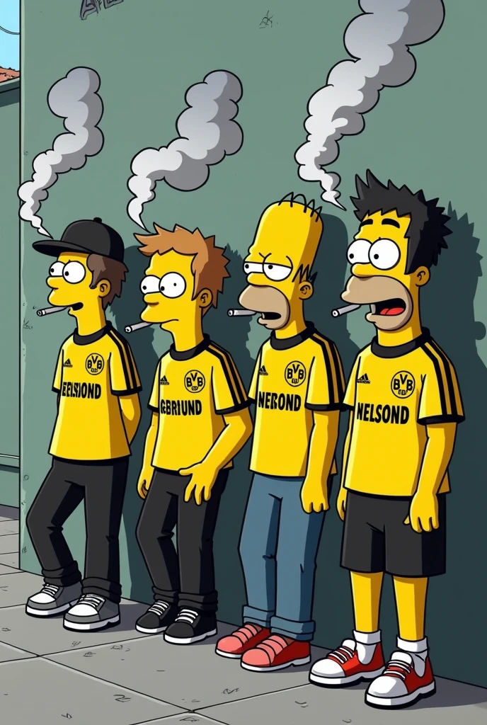 Nelson and his gang from the Simpsons wearing a Borussia Dortmund shirt smoking electronic cigarettes leaning against the wall and looking like thugs