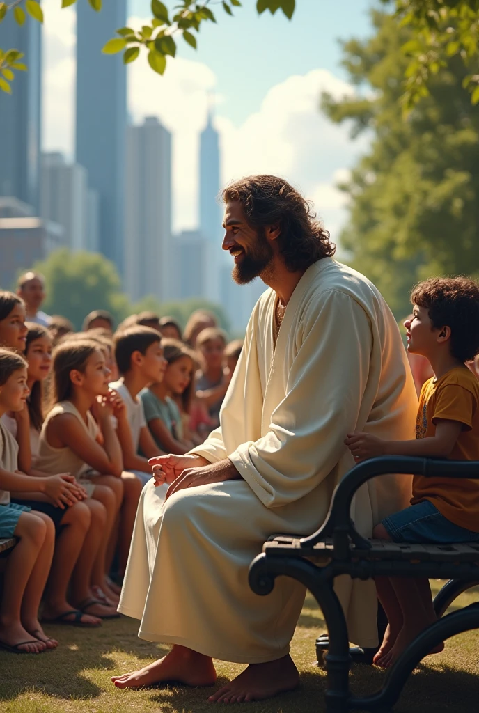 Jesus Christ sitting on a bench, in a square of a mega city, with several children sitting around him listening attentively to what he says. Jesus is speaking smiling, pointing to the crowd of parents standing behind the bench.