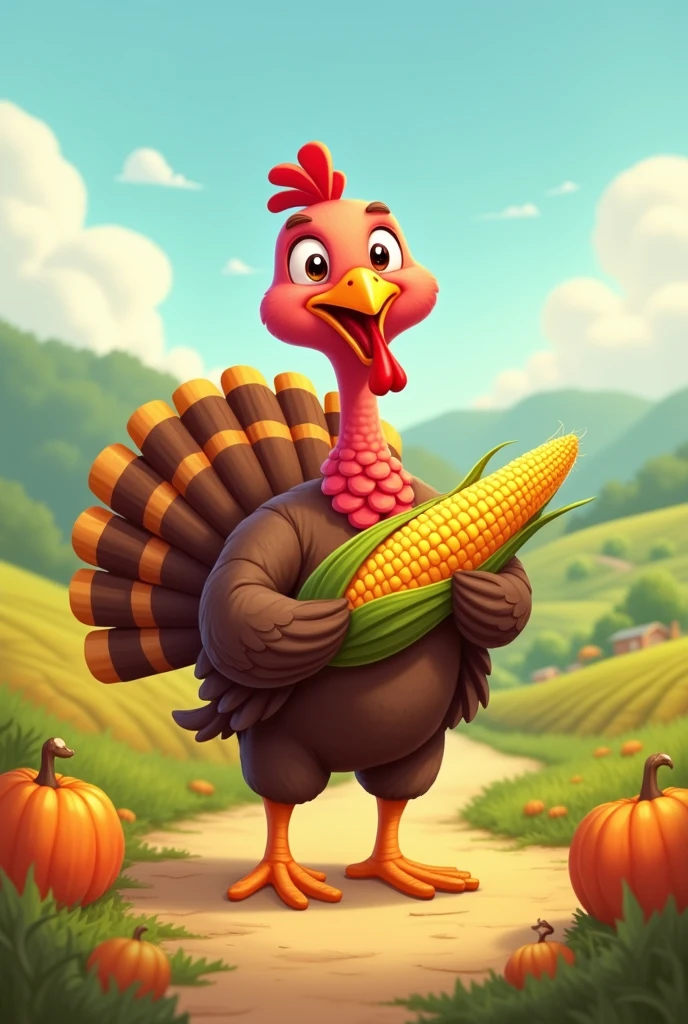 Character Turkey holding a corn