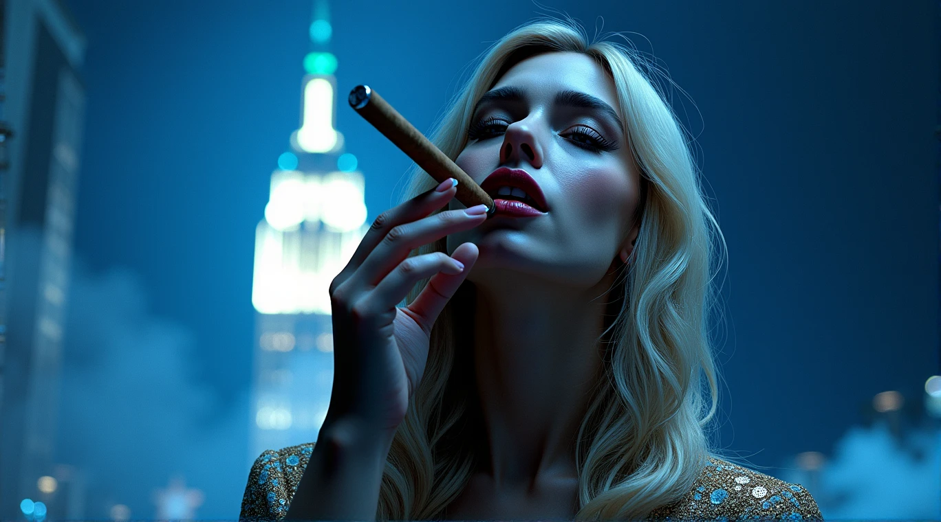 1 elegant woman smoking cigar, detailed facial features, beautiful eyes, long eyelashes, detailed lips, chiaroscuro lighting, oil painting, dramatic lighting, rich colors, cinematic, elegant pose, moody atmosphere, photorealistic, (best quality,4k,8k,highres,masterpiece:1.2),ultra-detailed,(realistic,photorealistic,photo-realistic:1.37)