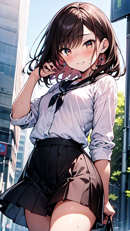 One girl、(Brown hair short cut)、Beautiful brown hair、Perfect Face、Shiny skin、Friendly face smiling、Very clear, reflective brown eyes、Slightly chubby、Small breasts、buttocks are small、A girl in a white button-down shirt and a tight skirt、Let's think step by step,Highest quality、masterpiece、 Ultra-high resolution 、8k、Show anime style 、Soft Line Art、Digital Enhancement、 shojo anime touch, shojo manga core, Flowing fabric、Soft Drawing、 Ultra-Definition Digital Anime Art、 Clear facial depiction、Super detailed girl cartoon character art、 Ultra-detailed manga style、 Highest qualityの色、Walking around the city、Back view、Clouds in the sky、Warm and soft sunset、A pleasant breeze blows、Beautiful hair blowing in the wind