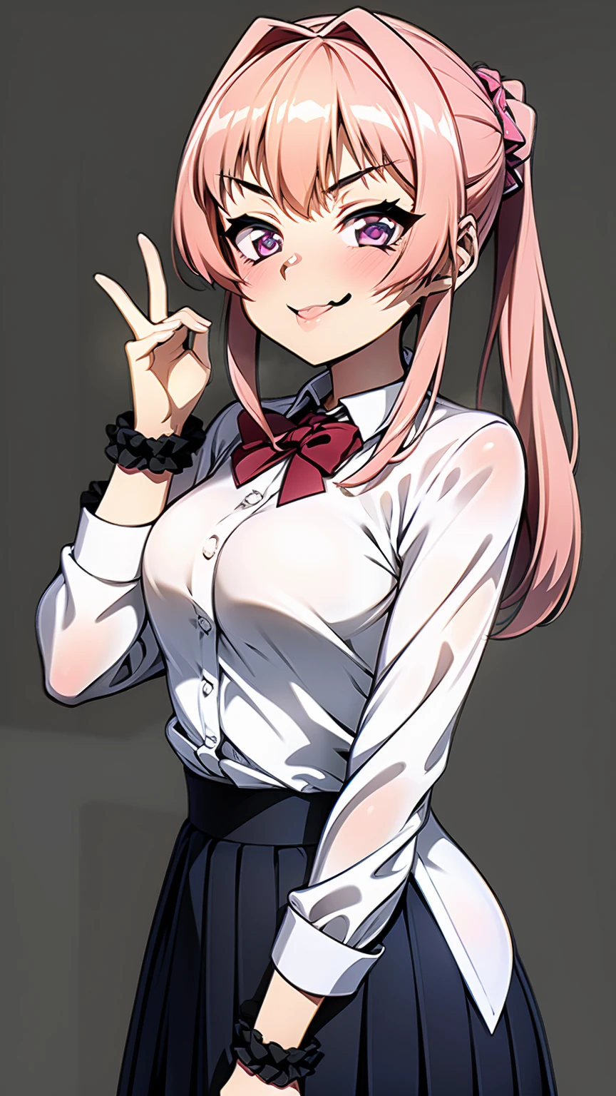 Blowjob gestures,A mischievous smile with her fingers around her tongue,to ridicule,Troubled face, scared, despise,
Improve, clavicle, bow, loose bowtie, Light pink shirt, Collared shirt, Long sleeve, bracelet, Wrist scrunchies,Blue Skirt, Pleated skirt,
waist clothes,