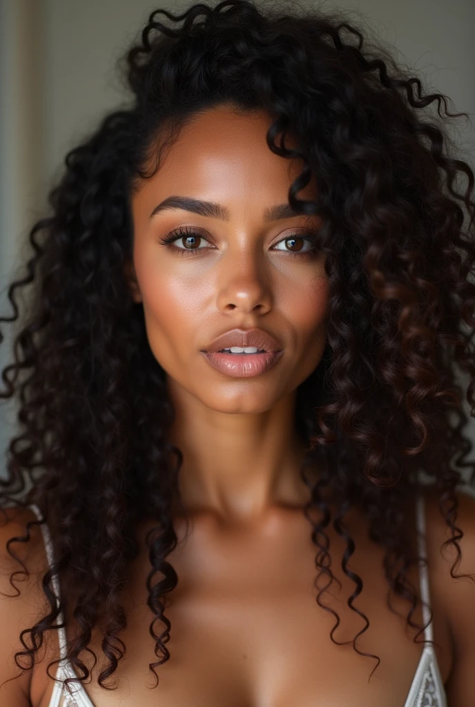 americaine de 36ans , teint noir claire Elle est brune avec de longs cheveux curly avec baby hair qui tombent élégamment sur ses épaules. Son visage est d'une grande beauté, avec des traits délicats et harmonieux.