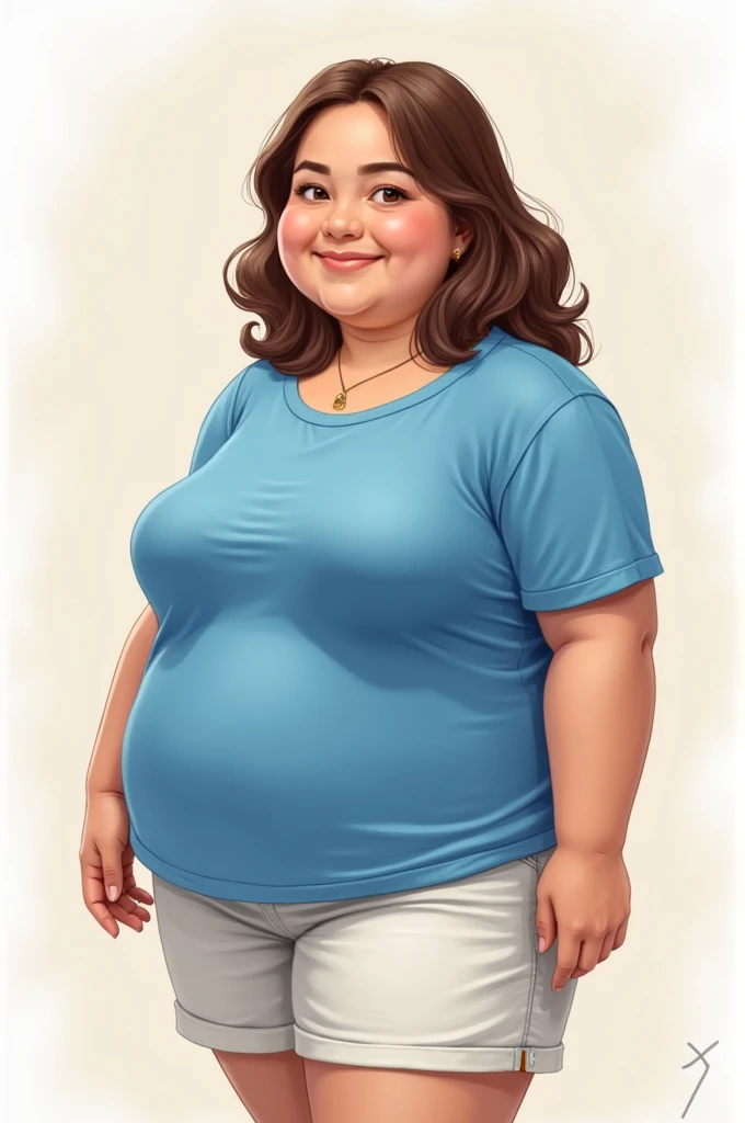 Make a big one with brown hair and brown eye a little fat with 1,60 in blue shirt and white shorts 