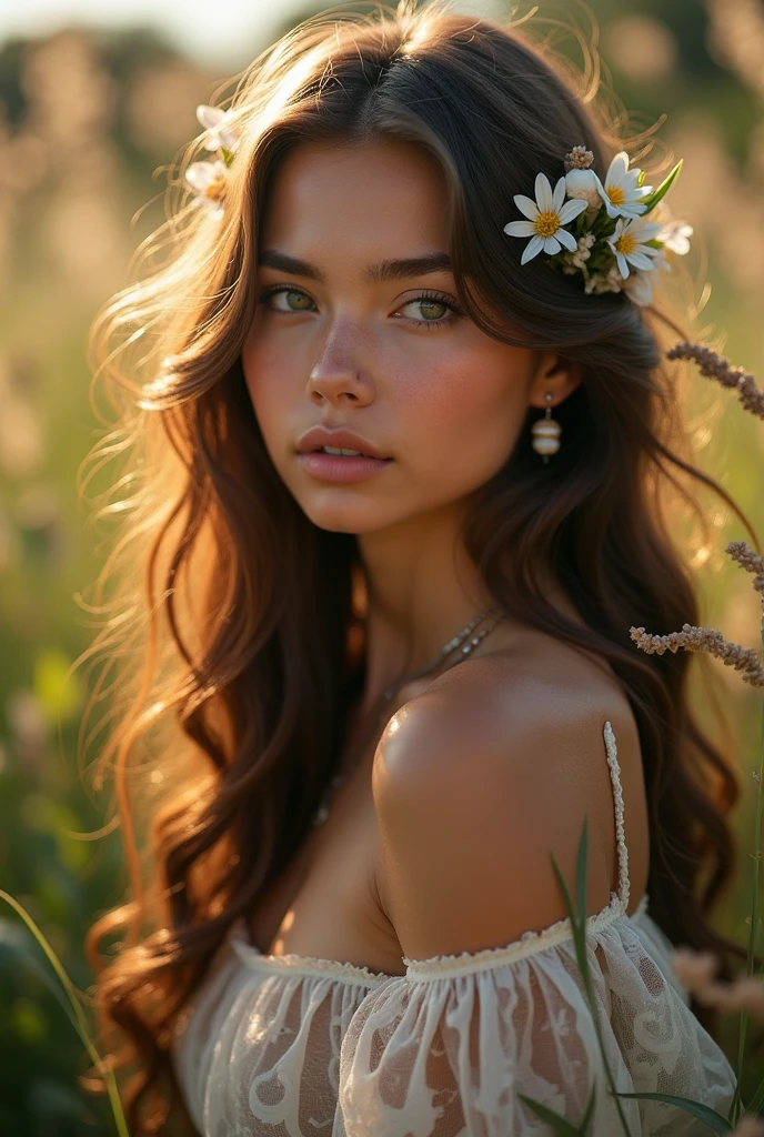 realistic portrait of a beautiful young woman in a garden, long flowing hair, detailed facial features, delicate flowers in her hair, warm lighting, vibrant colors, cinematic composition, photorealistic, 8k, masterpiece porno