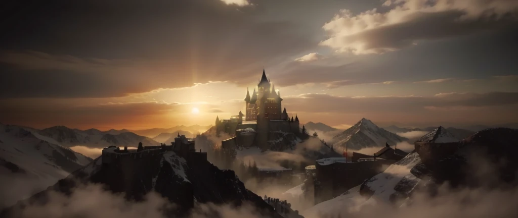 A castle in the mountains with the evening sun in the background, Dark Souls Style