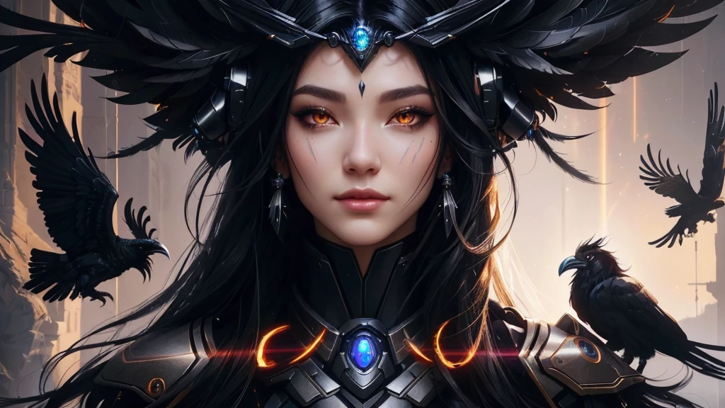fantasy raven style hairs, steel mechanical raven head with hairs, sci-fi, a close up of a sexy woman - sci-FI with a sci fiorer on her face, Mechanical raven IN HAIRS, glowing light feathers in hairs, fiol glowing eyes, hd , cinematic, cinematic light, dinamic, rossdraws portrait, fantasy concept art portrait, wojtek fus, rossdraws 2. 0, rossdraws 1. 0, rossdraws digital painting, epic fantasy digital art style, cgsociety portrait, rossdraws global illumination, :: rossdraws, alexandra fomina artstation