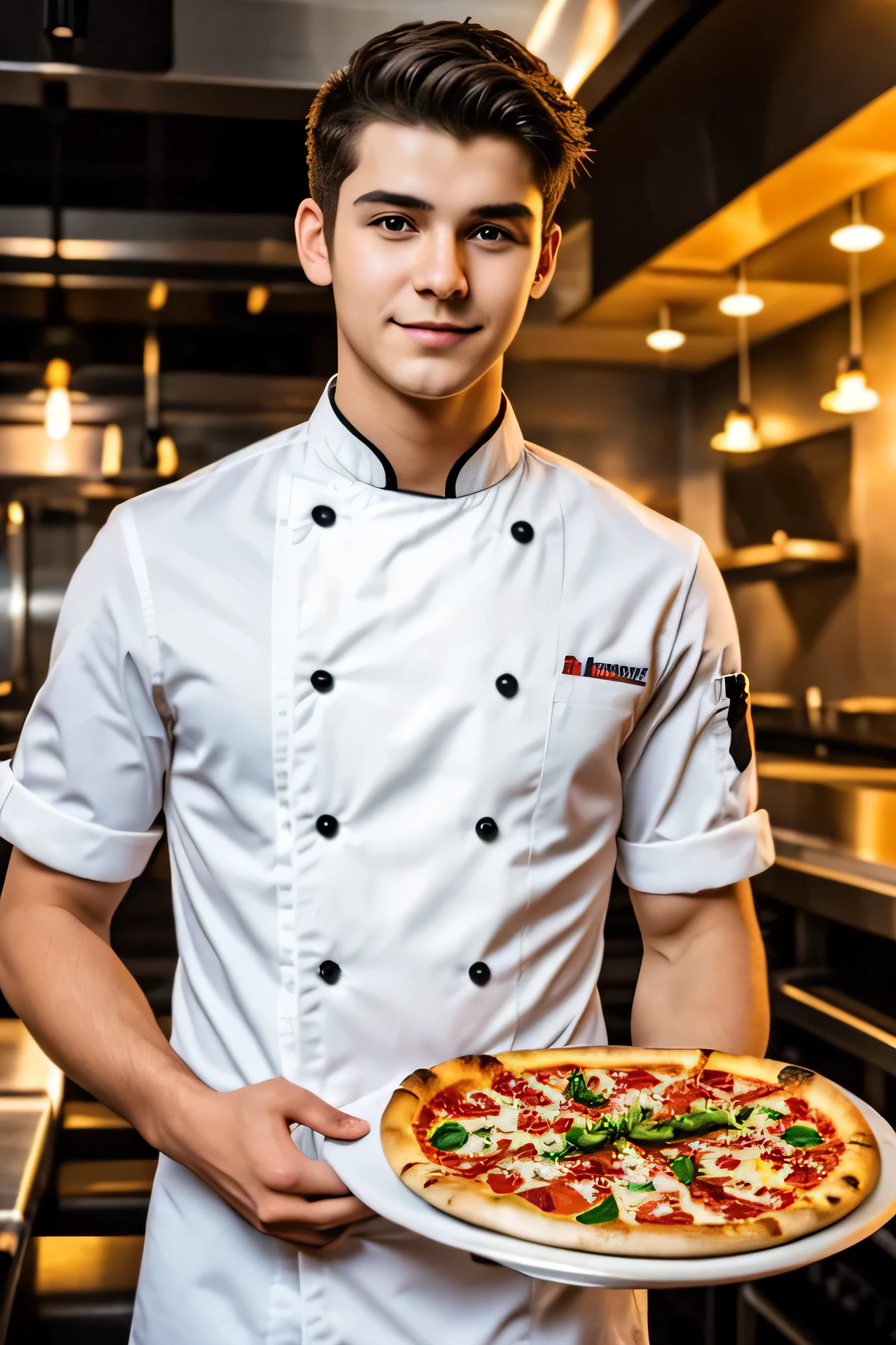 18 year old chef One hand carry plate with pizza handsome boy chef background with restaurant look like handsome 
