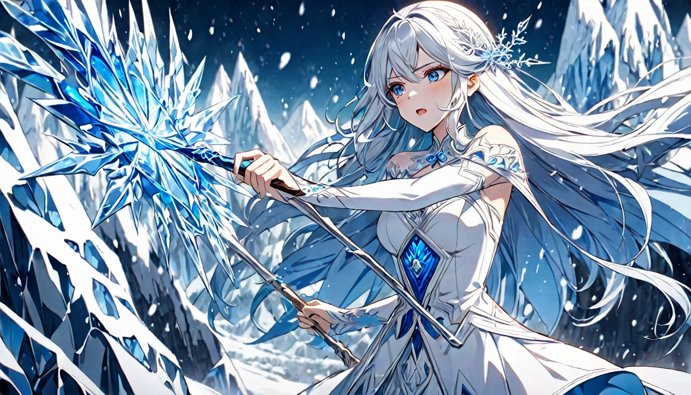 **233. One person。The Snow Queen fight scene。Ice-covered mountain range。Cowboy shot or close-up。
masterpiece, best quality, ultra detailed (Detailed fingers), (Emotional), (Breathtakingly beautiful),
(main part: 1.2 Whole body。), (Anime Style), (Very detailed), (Manipulate the power of ice),
(超High resolution, High resolution), (8k), (High resolution: 1.2), (Complex and beautiful: 1.2)**
- background: A snowy mountain with a cold wind blowing、A world of silver。
- The Snow Queen: Wearing a pure white dress、Manipulate the power of ice少女、Holding an ice wand。
-pose: Swing down your wand、The moment that sparked the ice storm。
-expression: A cool and elegant look、A posture that symbolizes the coldness of ice。
- Effects: Ice crystals are released from the staff and envelop the enemy.、Freezing effect。
-color: White and blue ice colors、A contrast that highlights the beauty and coldness of snow。