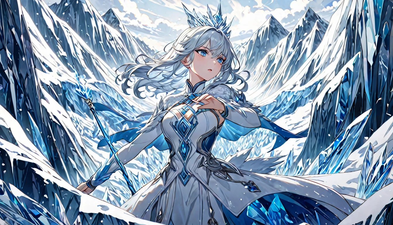**233. One person。The Snow Queen fight scene。Ice-covered mountain range。Cowboy shot or close-up。  
masterpiece, best quality, ultra detailed (Detailed fingers), (Emotional), (Breathtakingly beautiful),  
(main part: 1.2 Whole body。), (Anime Style), (Very detailed), (Manipulate the power of ice),  
(超High resolution, High resolution), (8k), (High resolution: 1.2), (Complex and beautiful: 1.2)**
- background: A snowy mountain with a cold wind blowing、A world of silver。
- The Snow Queen: Wearing a pure white dress、Manipulate the power of ice少女、Holding an ice wand。
-pose: Swing down your wand、The moment that sparked the ice storm。
-expression: A cool and elegant look、A posture that symbolizes the coldness of ice。
- Effects: Ice crystals are released from the staff and envelop the enemy.、Freezing effect。
-color: White and blue ice colors、A contrast that highlights the beauty and coldness of snow。
