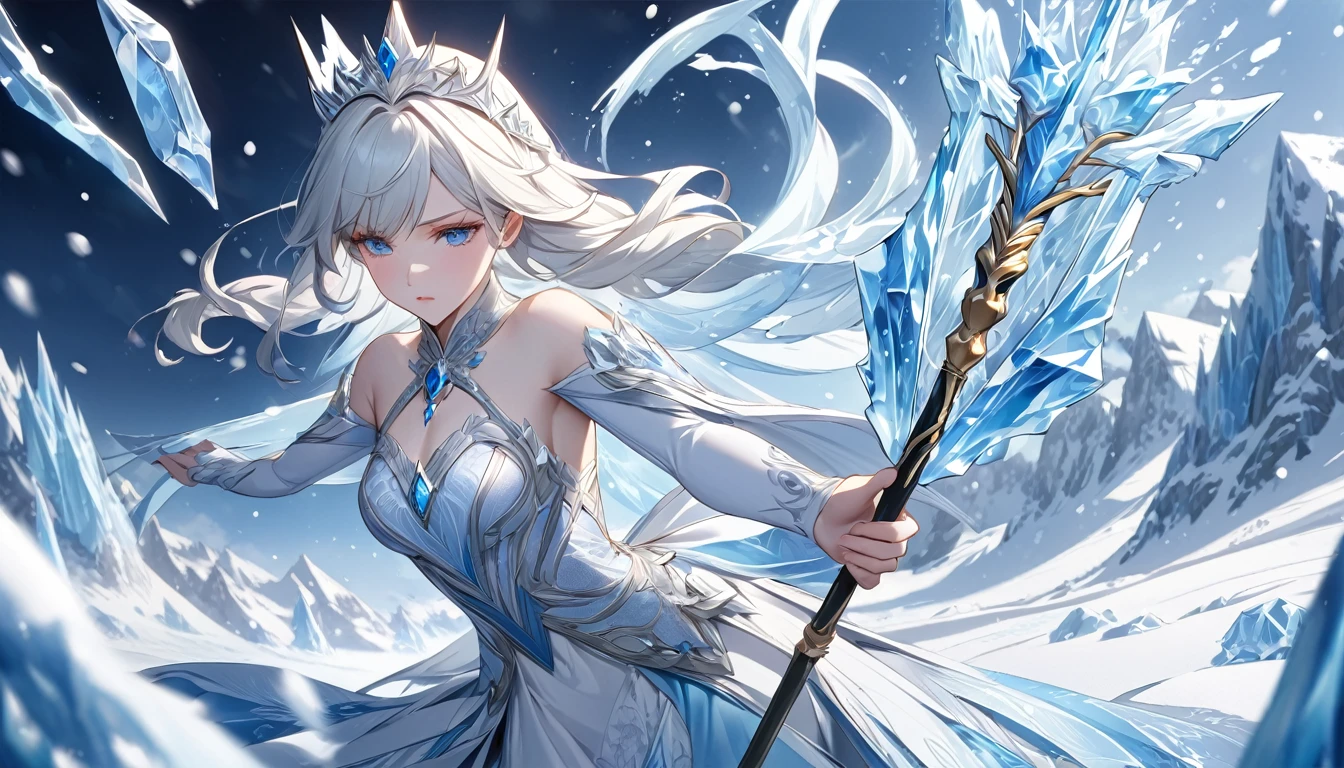 **233. One person。The Snow Queen fight scene。Ice-covered mountain range。Cowboy shot or close-up。
masterpiece, best quality, ultra detailed (Detailed fingers), (Emotional), (Breathtakingly beautiful),
(main part: 1.2 Whole body。), (Anime Style), (Very detailed), (Manipulate the power of ice),
(超High resolution, High resolution), (8k), (High resolution: 1.2), (Complex and beautiful: 1.2)**
- background: A snowy mountain with a cold wind blowing、A world of silver。
- The Snow Queen: Wearing a pure white dress、Manipulate the power of ice少女、Holding an ice wand。
-pose: Swing down your wand、The moment that sparked the ice storm。
-expression: A cool and elegant look、A posture that symbolizes the coldness of ice。
- Effects: Ice crystals are released from the staff and envelop the enemy.、Freezing effect。
-color: White and blue ice colors、A contrast that highlights the beauty and coldness of snow。