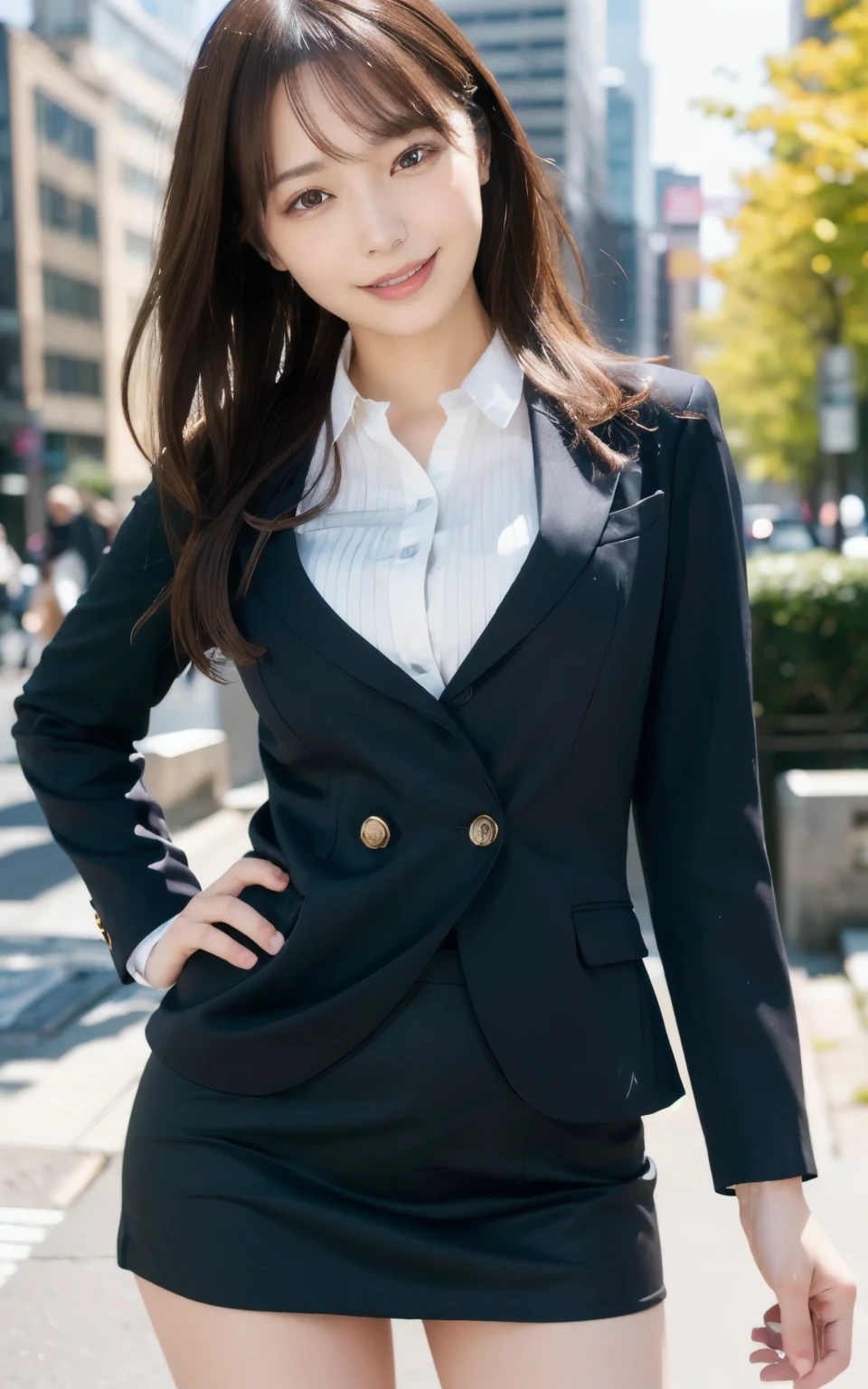 Woman in a suit, big breasts, dark brown hair color, hairstyles with bangs, hairstyles by length, (8k, RAW photo, highest quality, tabletop: 1.2) ), (realistic, realistic: 1.3) , cityscape, daytime, sunny morning, professional lighting, photon mapping, shirt, (woman in suit,) silk suit, pencil skirt, tight skirt, ((delicate photo)), (RAW photo)), (Tabletop: 1.25), (Top quality: 1.6), (High resolution: 1.5), (Real: 1.75), 8K resolution, Canon EOS R5, 50mm, Absurd, Super detailed, Cinema writing, Viewing warning: 1.1, Smile , black tight skirt, (from front: 1.9),