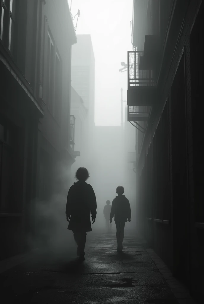 (photorealism:16.9), Image of an alley between shadows and fog, Dark children hidden in the fog, Black and white image