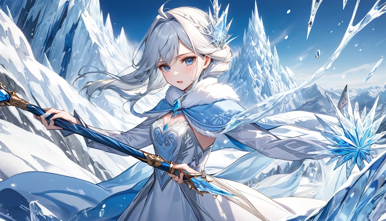 **233. One person。The Snow Queen fight scene。Ice-covered mountain range。Cowboy shot or close-up。
masterpiece, best quality, ultra detailed (Detailed fingers), (Emotional), (Breathtakingly beautiful),
(main part: 1.2 Whole body。), (Anime Style), (Very detailed), (Manipulate the power of ice),
(超High resolution, High resolution), (8k), (High resolution: 1.2), (Complex and beautiful: 1.2)**
- background: A snowy mountain with a cold wind blowing、A world of silver。
- The Snow Queen: Wearing a pure white dress、Manipulate the power of ice少女、Holding an ice wand。
-pose: Swing down your wand、The moment that sparked the ice storm。
-expression: A cool and elegant look、A posture that symbolizes the coldness of ice。
- Effects: Ice crystals are released from the staff and envelop the enemy.、Freezing effect。
-color: White and blue ice colors、A contrast that highlights the beauty and coldness of snow。