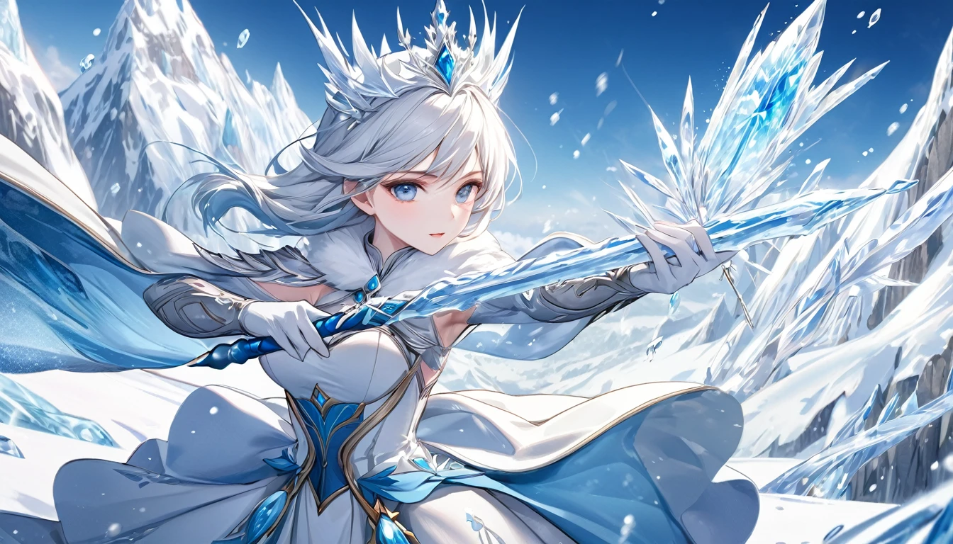 **233. One person。The Snow Queen fight scene。Ice-covered mountain range。Cowboy shot or close-up。  
masterpiece, best quality, ultra detailed (Detailed fingers), (Emotional), (Breathtakingly beautiful),  
(main part: 1.2 Whole body。), (Anime Style), (Very detailed), (Manipulate the power of ice),  
(超High resolution, High resolution), (8k), (High resolution: 1.2), (Complex and beautiful: 1.2)**
- background: A snowy mountain with a cold wind blowing、A world of silver。
- The Snow Queen: Wearing a pure white dress、Manipulate the power of ice少女、Holding an ice wand。
-pose: Swing down your wand、The moment that sparked the ice storm。
-expression: A cool and elegant look、A posture that symbolizes the coldness of ice。
- Effects: Ice crystals are released from the staff and envelop the enemy.、Freezing effect。
-color: White and blue ice colors、A contrast that highlights the beauty and coldness of snow。
