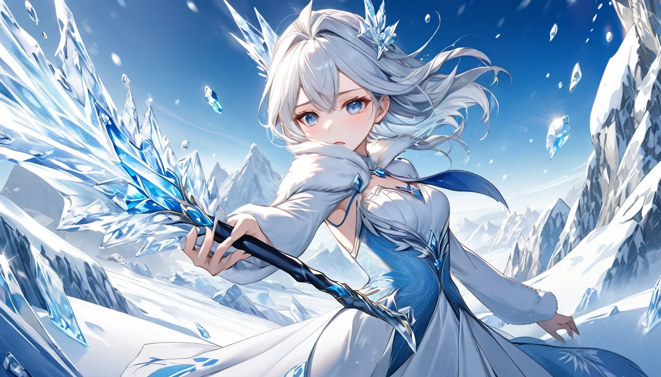 **233. One person。The Snow Queen fight scene。Ice-covered mountain range。Cowboy shot or close-up。  
masterpiece, best quality, ultra detailed (Detailed fingers), (Emotional), (Breathtakingly beautiful),  
(main part: 1.2 Whole body。), (Anime Style), (Very detailed), (Manipulate the power of ice),  
(超High resolution, High resolution), (8k), (High resolution: 1.2), (Complex and beautiful: 1.2)**
- background: A snowy mountain with a cold wind blowing、A world of silver。
- The Snow Queen: Wearing a pure white dress、Manipulate the power of ice少女、Holding an ice wand。
-pose: Swing down your wand、The moment that sparked the ice storm。
-expression: A cool and elegant look、A posture that symbolizes the coldness of ice。
- Effects: Ice crystals are released from the staff and envelop the enemy.、Freezing effect。
-color: White and blue ice colors、A contrast that highlights the beauty and coldness of snow。
