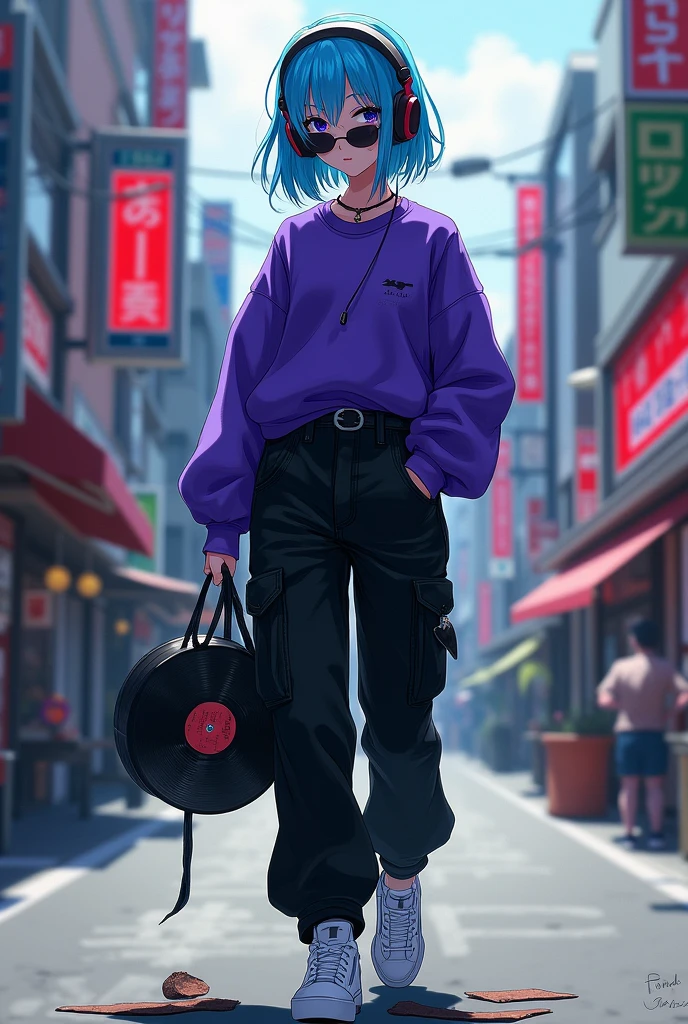 demon girl, Blue and White Hair Color, WHITE TENNIS, purple sweatshirt,black cargo pants,Sunglasses, headphones holding a broken vinyl, walking down a Japanese street 