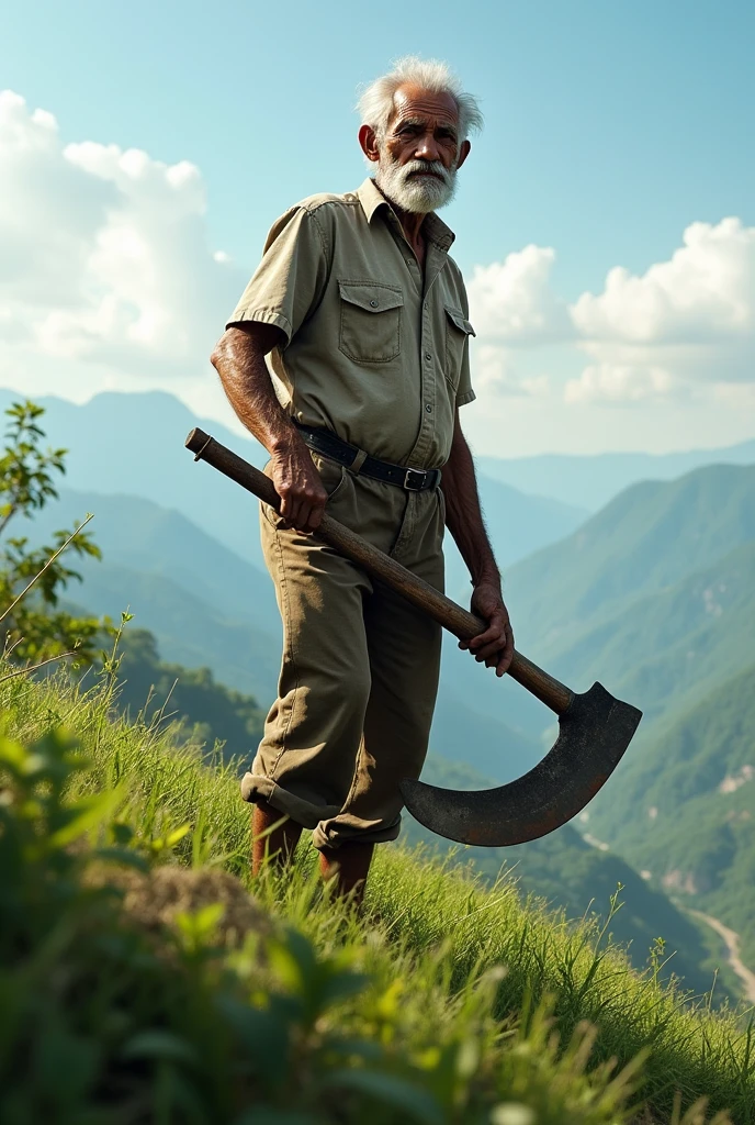 Old man on a hill with a machete
