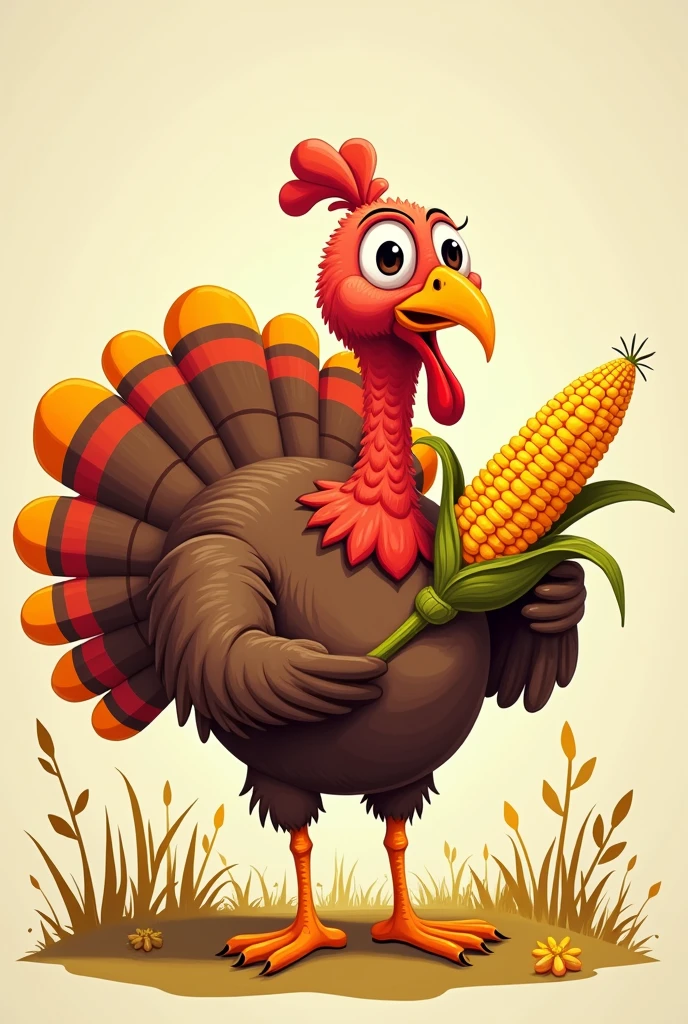 Turkey Character Holding a Corn Cartoon Style