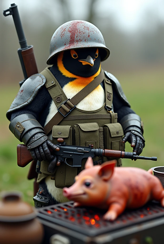A penguin in bloody combat gear and steel helmet and with an assault rifle slung over his shoulder grilling a suckling pig in the field kitchen