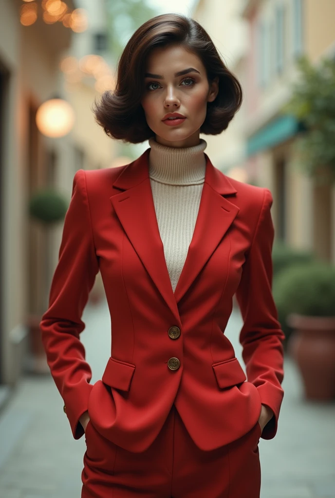 A spanish woman with athletic body, a round face and a bob cut hair,wearing a full body covered formal suit of 1960s and also wearing a full neck sweater inside.
