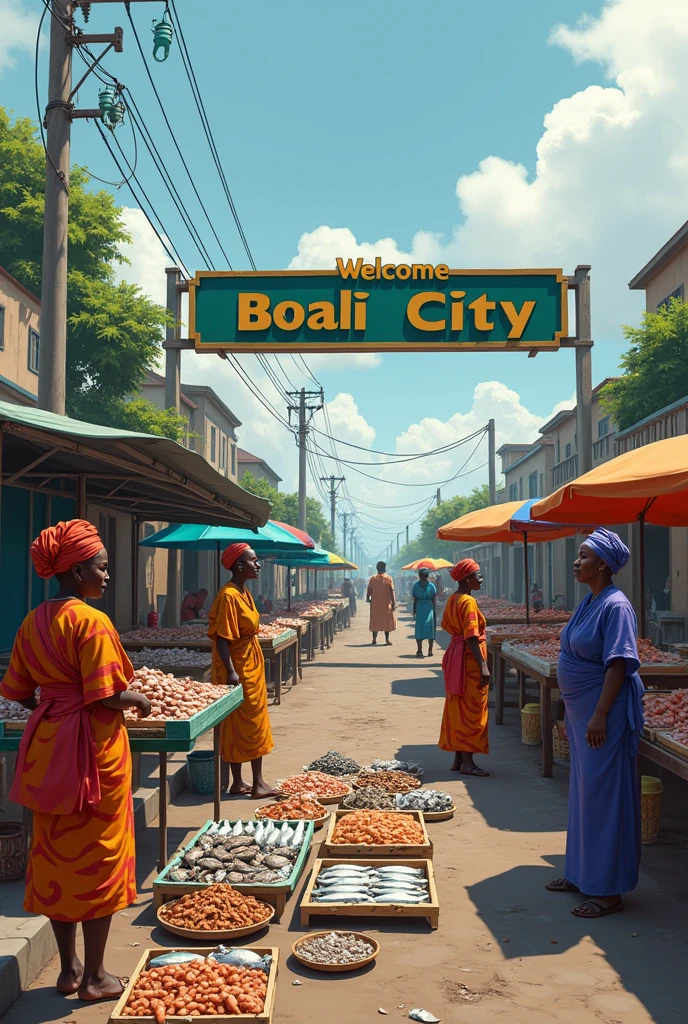 Create an African city well supplied with electricity. Write on a sign at the entrance to the village: "Welcome to Boali City." At the side of the road, several women are selling fish.