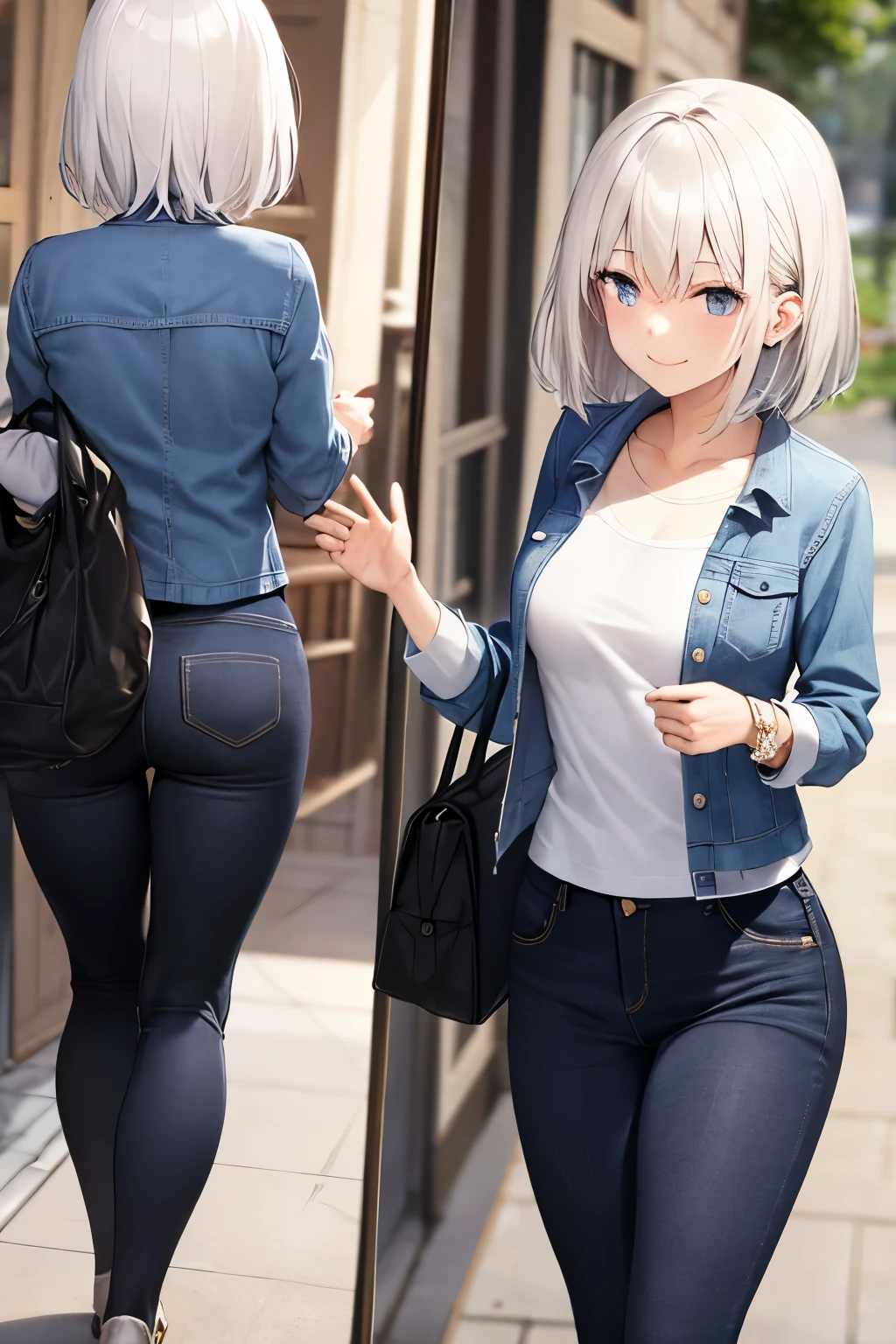 (masterpiece), best quality, BREAK, expressive eyes, (perfect face), 1woman, BREAK, (medium hair, white hair), BREAK, (lavender eyes, detailed eyes), BREAK, (happy smile) BREAK, (short heigh), BREAK, (denim jacket), BREAK (black pants) , BREAK, (black vans), BREAK, (forest), BREAK, (standing), (sideview)