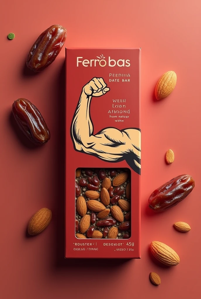 Design package for a snack that is a date bar  rich in iron . Its name should be Ferro Bars . It should show that by eating it you will get strength and Iron. Add box packaging and add minimalist art add dates and almond and sign of strength , good hair and fit make it red  and it bar is in box . Also  that it helps make blood
Make at 3 different design and the boxes are rectangular each bar have is in 1 box 45 g bar add a vector image of arm showing strength 