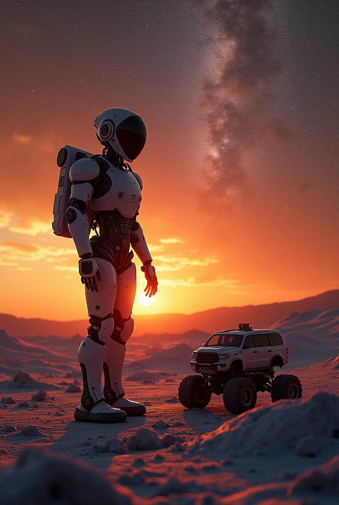 Based on images obtained by the NASA space agency, sunset seen on the planet Pluto and with perspective of the milky way seen by a human robot building a crossover and with upscale image of orinagility with escape plan applying pi calculus