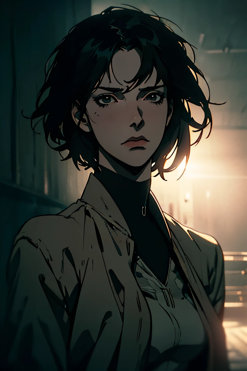 a woman with short black hair, black eyes, wearing black clothes, camouflage, coat, expressionless face, doctor, anime style, highly detailed, hyperrealistic, 8k, photorealistic, intricate details, dramatic lighting, volumetric fog, cinematic composition, chiaroscuro, moody atmosphere, muted color palette, dramatic shadows, perfect rendering, masterpiece